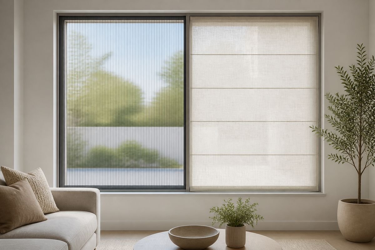 Combinatie van plisségaas en gordijnstof in één aluminium kader